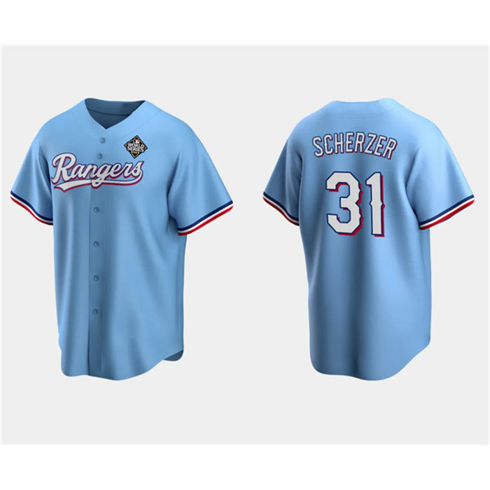 Texas Rangers #31 Max Scherzer Blue Puhics 2023 World Series Stitched Jersey