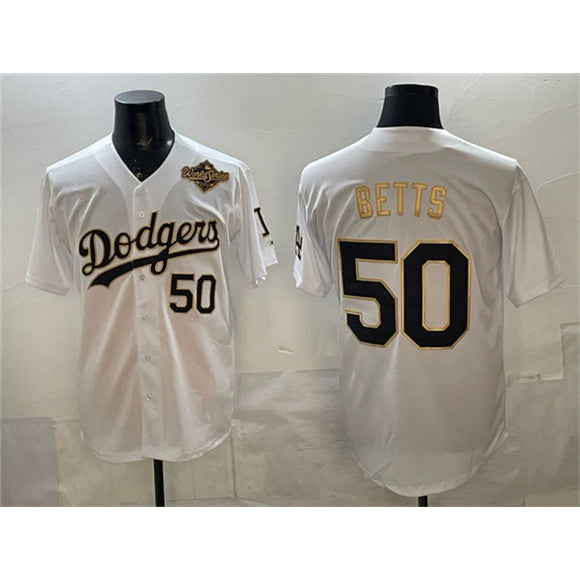 Los Angeles Dodgers #50 Mookie Betts White Gold Puhics 2025 World Series Patch Limited Stitched Jersey