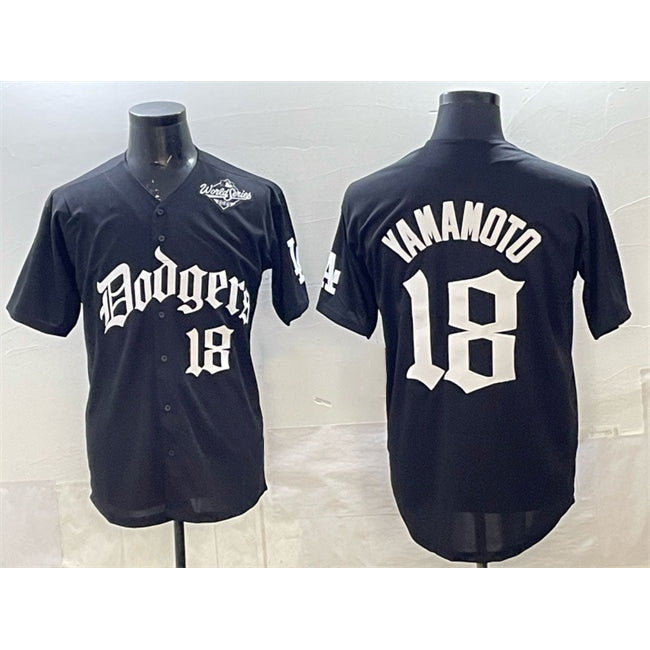 Los Angeles Dodgers #18 Yoshinobu Yamamoto Black Puhics 2025 LA Gothic Style With 2025 World Series Patch Vapor Premier Limited Stitched Jersey