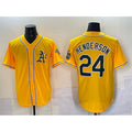 Oakland Athletics #24 Rickey Henderson Yellow Puhics With Patch Stitched Baseball Jersey
