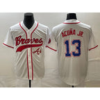 Atlanta Braves #13 Ronald Acuna Jr White Puhics Cool Base With Patch Stitched Jersey 2
