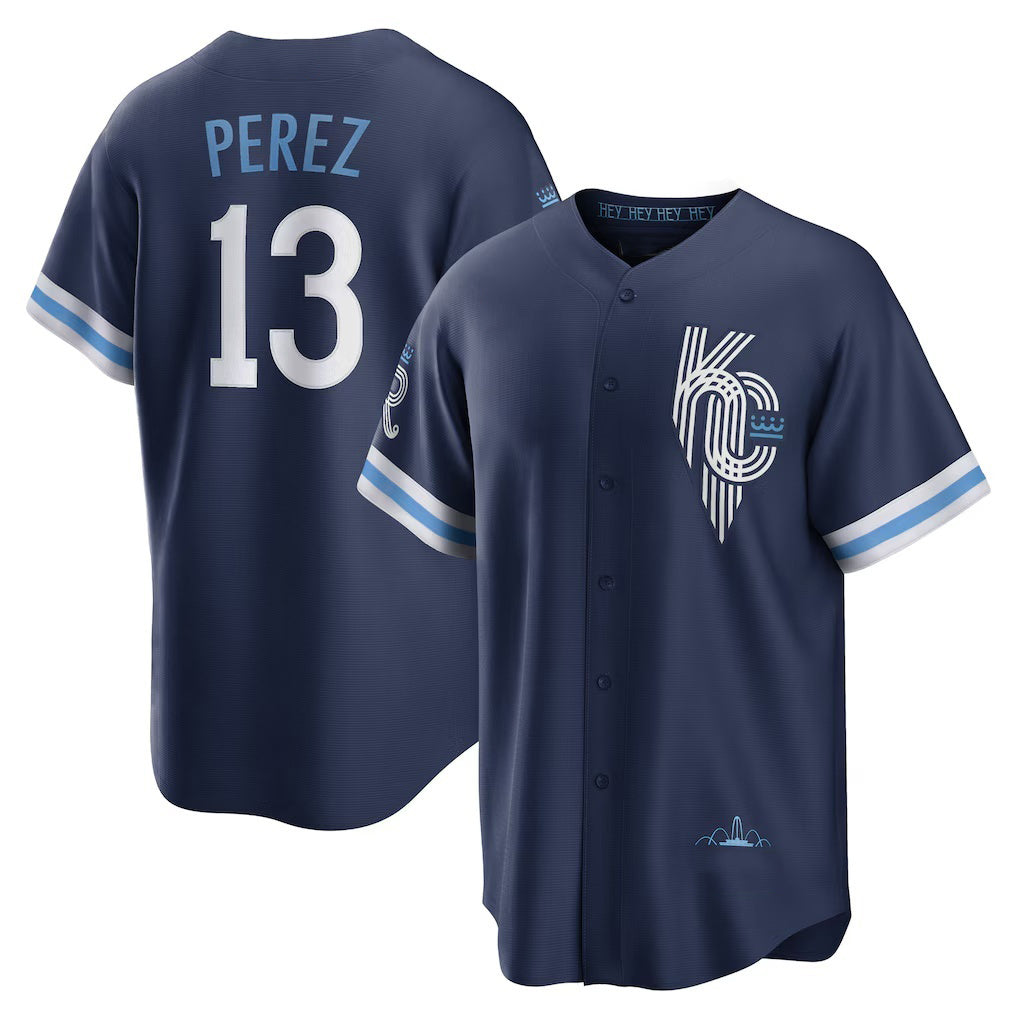 Kansas City Royals #13 Salvador Perez Navy Puhics City Connect Replica Player Jersey