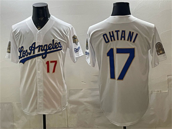 Los Angeles Dodgers #17 Shohei Ohtani White Puhics 2026 Gold Collection 9x & B2B Champs Patch Stitched Jersey
