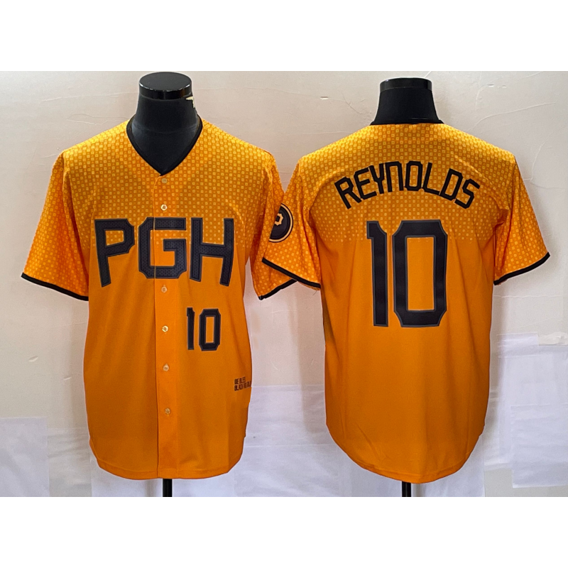 Pittsburgh Pirates #10 Bryan Reynolds Number Gold Puhics 2023 City Connect Stitched Jersey 2