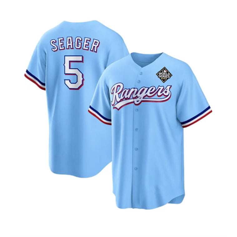Texas Rangers #5 Corey Seager Blue Puhics 2023 World Series Stitched Jersey