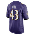 B.Ravens #43 Justice Hill Purple Game Stitched Football Jerseys