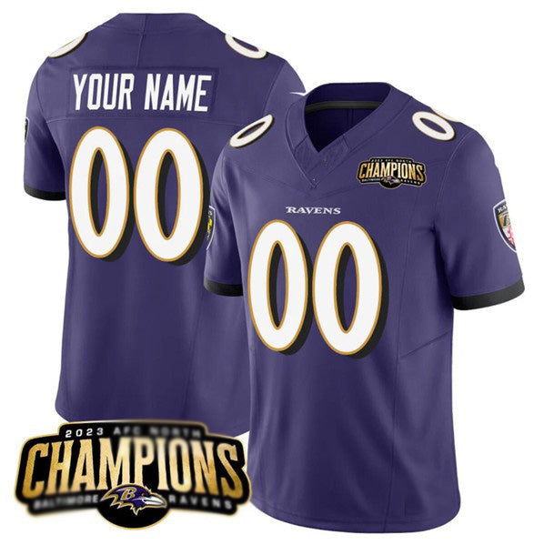 Custom B.Ravens Active Player Purple 2023 F.U.S.E. AFC North Champions Vapor Limited Stitched Football Jerseys