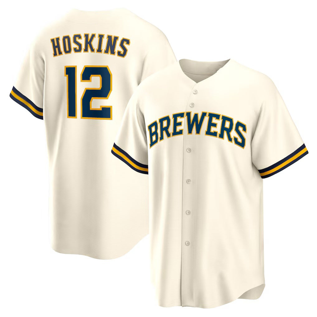 Milwaukee Brewers #12 Rhys Hoskins Cream Puhics Home Replica Player Jersey