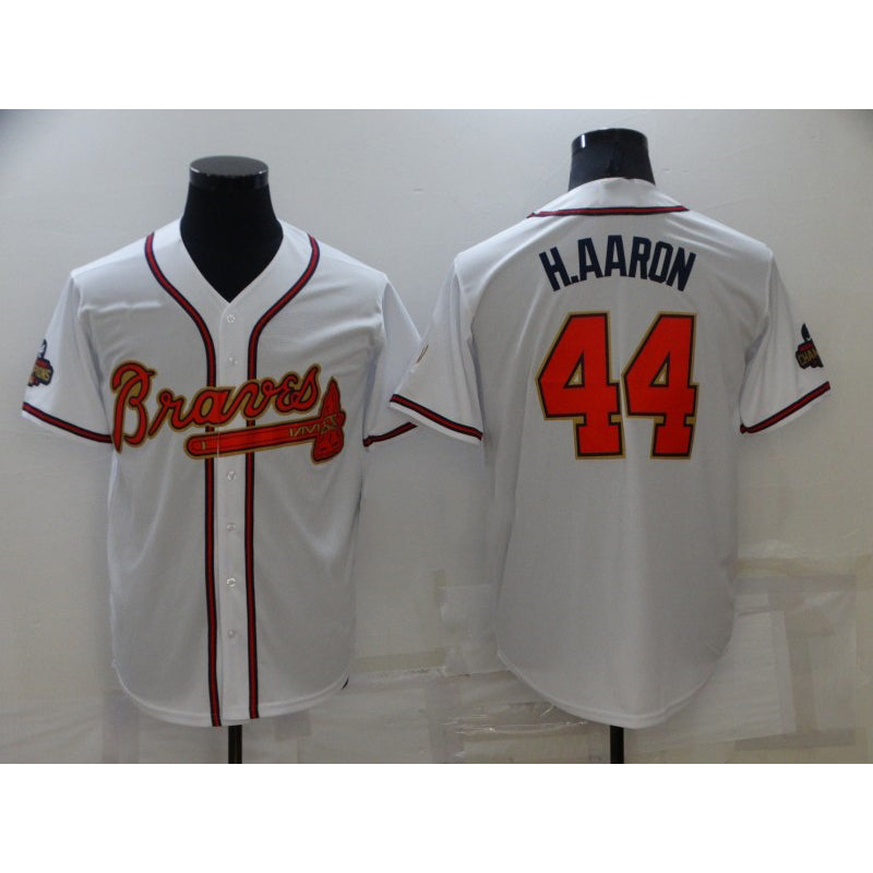 Atlanta Braves #44 Hank Aaron 2022 White Gold Puhics World Series Champions Program Cool Base Stitched Jersey