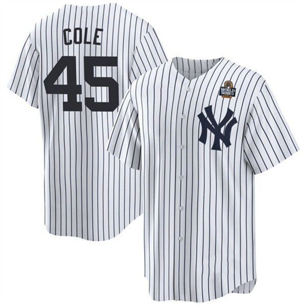 New York Yankees #45 Gerrit Cole White Puhics 2024 World Series With Name Cool Base Stitched Jersey