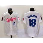 Los Angeles Dodgers #18 Yoshinobu Yamamoto White Pink Puhics Vin & Kobe Patch Stitched Jersey 2