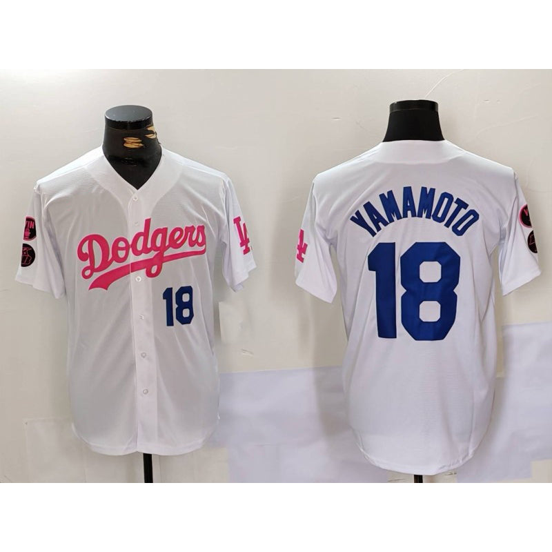 Los Angeles Dodgers #18 Yoshinobu Yamamoto White Pink Puhics Vin & Kobe Patch Stitched Jersey 2