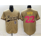 San Diego Padres #22 Juan Soto Tan Puhics Pinstripe 2023 City Connect Cool Base Stitched Jersey 2