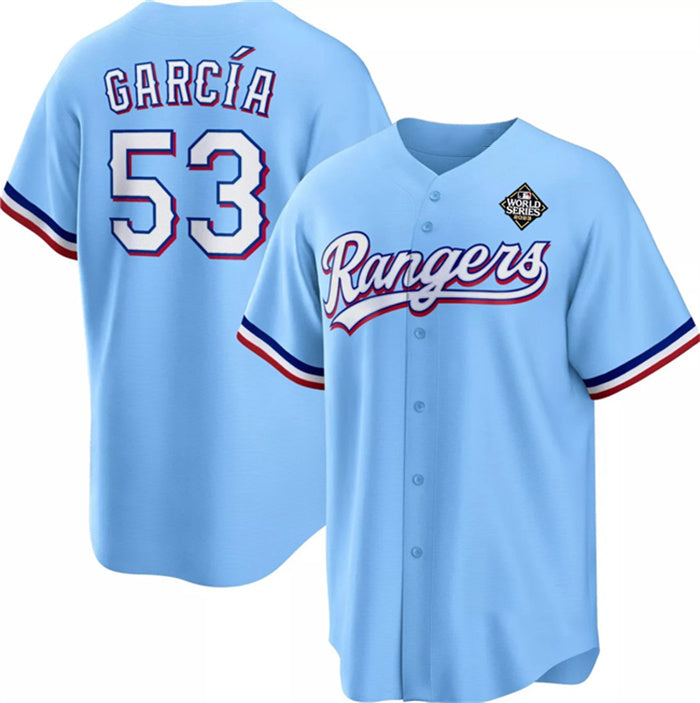 Texas Rangers #53 Adolis Garc¨ªa Blue Puhics 2023 World Series Cool Base Stitched Jersey