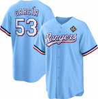 Texas Rangers #53 Adolis Garc¨ªa Blue Puhics 2023 World Series Cool Base Stitched Jersey