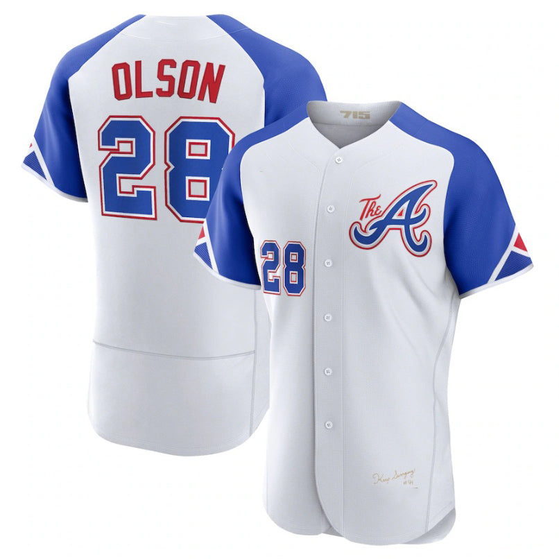 Atlanta Braves #28 Matt Olson ACTIVE PLAYER Custom White Puhics 2023 City Connect Flex Base Stitched Jersey
