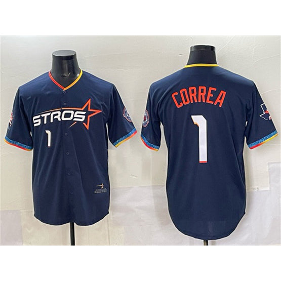 Houston Astros #1 Carlos Correa Navy Puhics 2025 City Connect With Texas Patch Limited Stitched Jersey