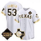 Texas Rangers & Cowboys #53 Adolis Garc¨ªa White Puhics 2023 World Series Splite Stitched Jersey