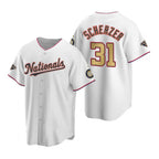 Washington Nationals #31 Max Scherzer White Gold Puhics 2019 World Series Champions Stitched Cool Base Jersey