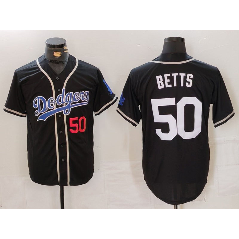 Los Angeles Dodgers #50 Mookie Betts Number Black Puhics White Cool Base Stitched Jersey 2