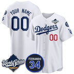 Custom Los Angeles Dodgers ACTIVE PLAYER White Puhics 2025 World Series With No. 34 Patch Limited Stitched Jersey