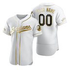 Custom Cleveland Indians White Puhics Stitched Flex Base Golden Edition Jersey