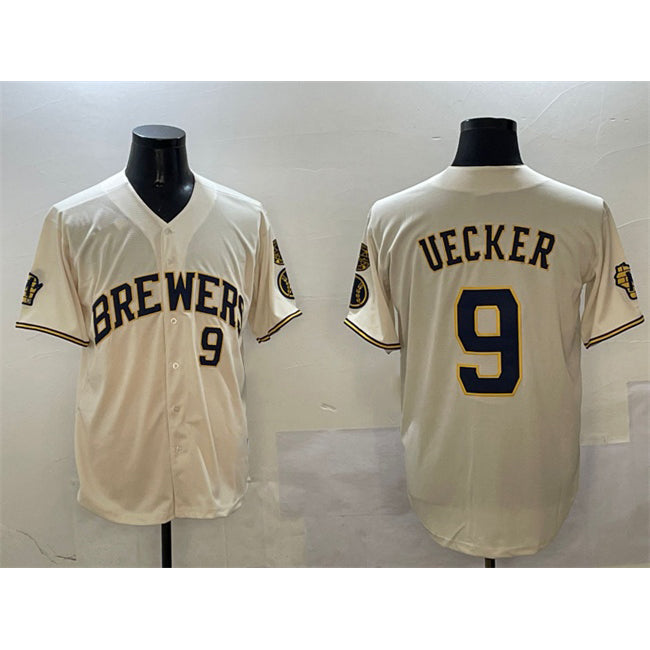 Milwaukee Brewers #9 Bob Uecker Cream Puhics With Home Patch Limited Stitched Baseball Jersey
