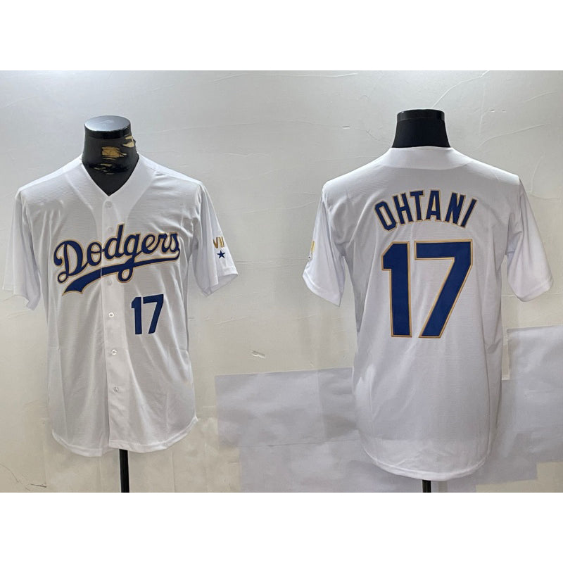 Los Angeles Dodgers #17 Shohei Ohtani Number White Gold Puhics Championship Stitched Cool Base Jerseys
