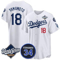 Los Angeles Dodgers #18 Yoshinobu Yamamoto White Puhics 2025 World Series With No. 34 Patch Limited Stitched Jersey