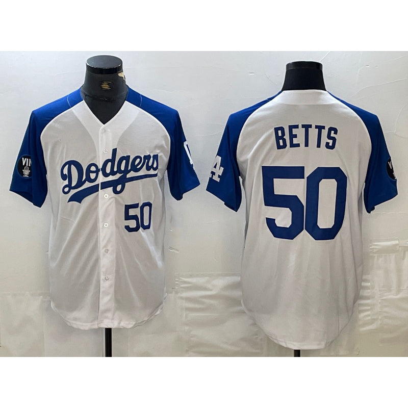Los Angeles Dodgers #50 Mookie Betts Number White Blue Puhics Fashion Stitched Cool Base Limited Jersey 2