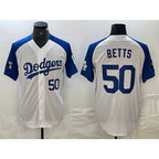 Los Angeles Dodgers #50 Mookie Betts Number White Blue Puhics Fashion Stitched Cool Base Limited Jersey 2