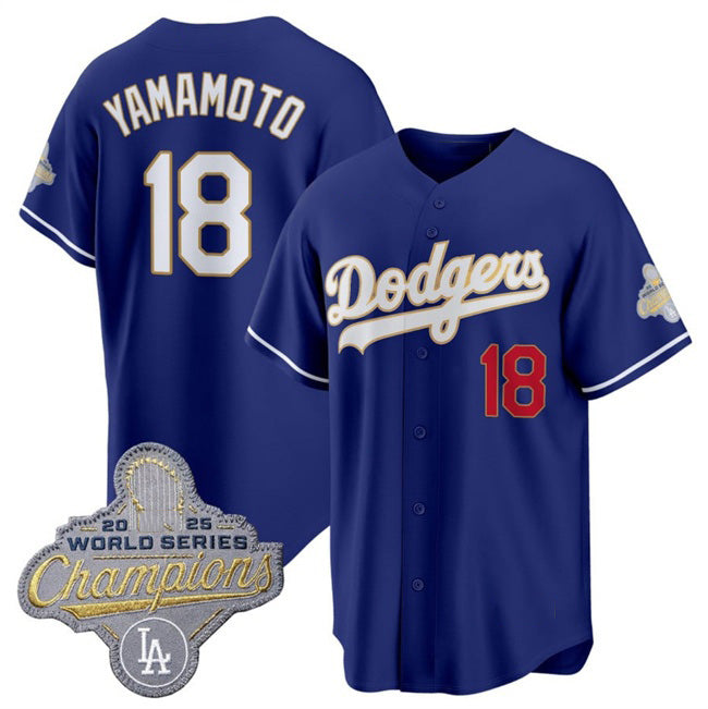 Los Angeles Dodgers #18 Yoshinobu Yamamoto Royal Puhics 2026 Alternate Gold Collection Stadium Stitched Jersey