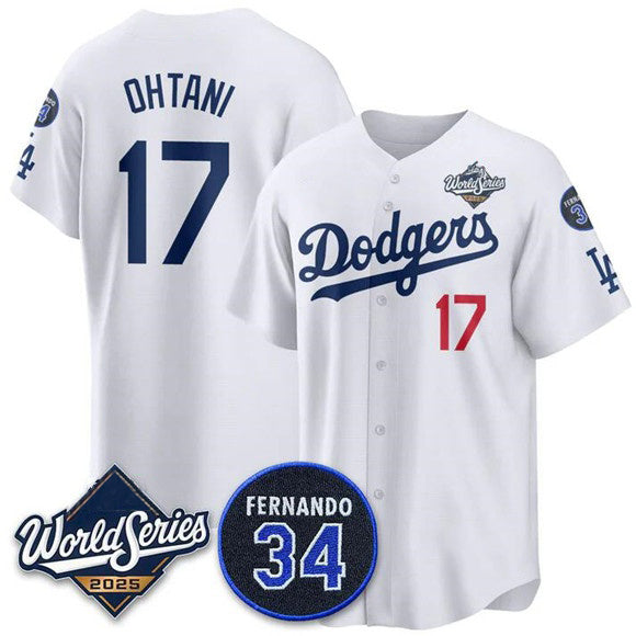 Los Angeles Dodgers #17 Shohei Ohtani White Puhics 2025 World Series With No. 34 Patch Limited Stitched Jersey