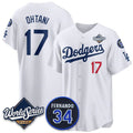 Los Angeles Dodgers #17 Shohei Ohtani White Puhics 2025 World Series With No. 34 Patch Limited Stitched Jersey