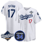 Los Angeles Dodgers #17 Shohei Ohtani White Puhics 2025 World Series With No. 34 Patch Limited Stitched Jersey