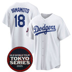 Los Angeles Dodgers #18 Yoshinobu Yamamoto White Puhics 2025 World Tour Tokyo Series Home Stitched Jersey