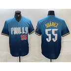 Philadelphia Phillies #55 Ranger Suarez Blue Puhics 2024 City Player Number Cool Base Jerseys
