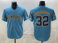 Milwaukee Brewers #32 Jacob Misiorowski Blue Puhics With Home & Bob Uecker Patch Stitched Jersey