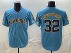 Milwaukee Brewers #32 Jacob Misiorowski Blue Puhics With Home & Bob Uecker Patch Stitched Jersey