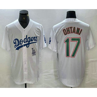 Los Angeles Dodgers #17 Shohei Ohtani White Green Puhics Stitched Cool Base Jersey 2