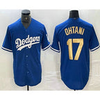 Los Angeles Dodgers #17 Shohei Ohtani Blue Gold Puhics Stitched Cool Base Jersey 2