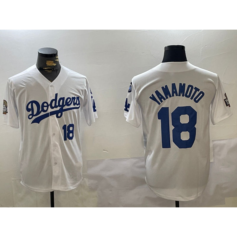 Los Angeles Dodgers #18 Yoshinobu Yamamoto White Puhics 2024 World Series With Fernando Memorial Patch Home Limited Stitched Jersey 2