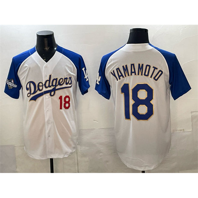 Los Angeles Dodgers #18 Yoshinobu Yamamoto White Royal Puhics 2025 World Series Patch Limited Stitched Jersey