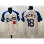 Los Angeles Dodgers #18 Yoshinobu Yamamoto White Royal Puhics 2025 World Series Patch Limited Stitched Jersey