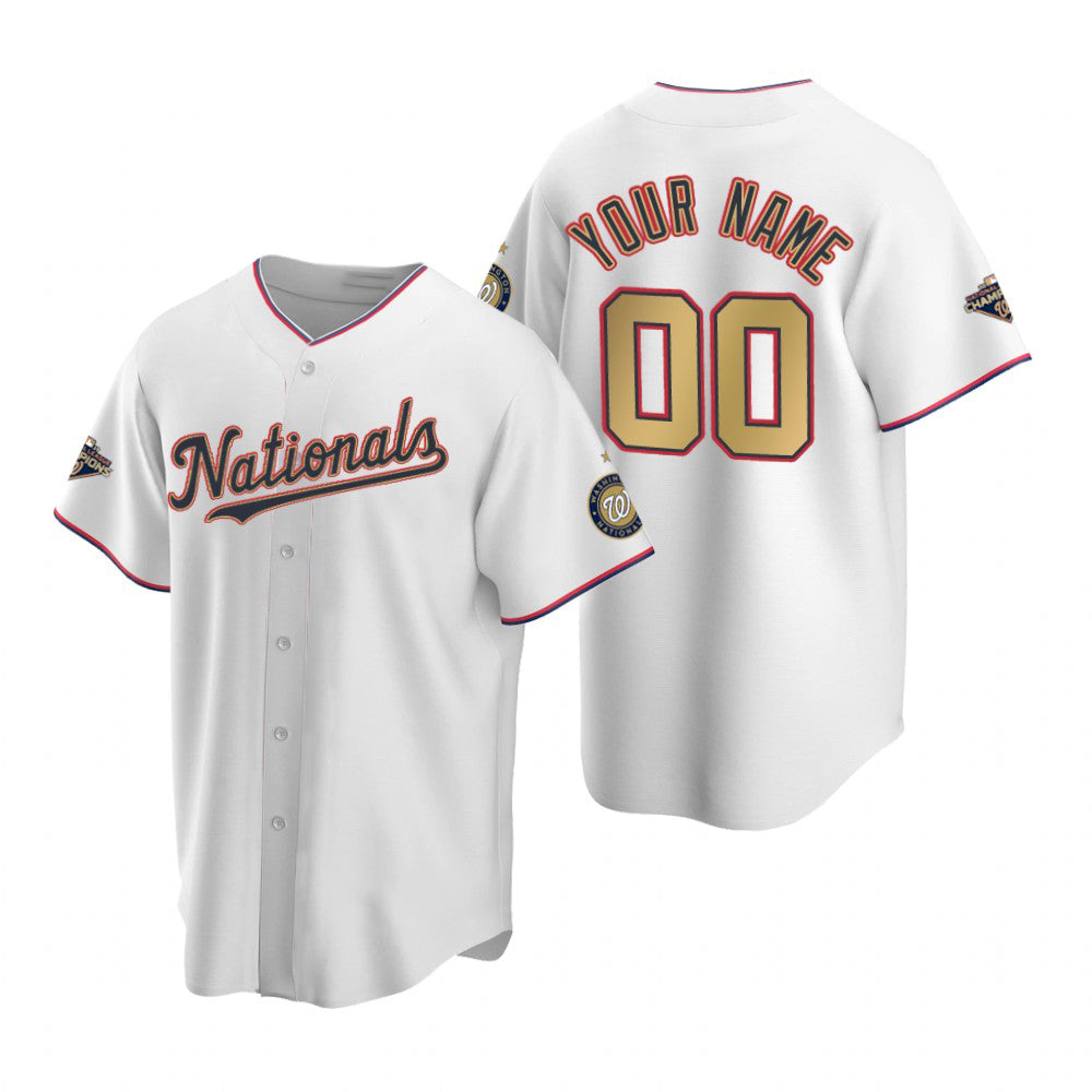 Custom Washington Nationals White Gold Puhics 2019 World Series Champions Stitched Cool Base Jersey