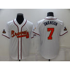 Atlanta Braves#7 Dansby Swanson 2022 White Puhics Gold World Series Champions Program Cool Base Stitched Jersey