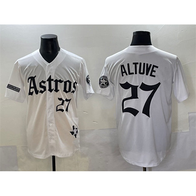 Houston Astros #27 Jose Altuve White Puhics Gothic 'Houston Born Barrio Raised' Limited Stitched Jersey