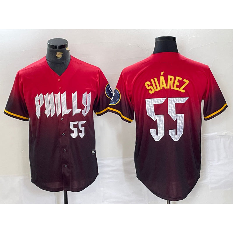 Philadelphia Phillies #55 Ranger Suarez Red Puhics 2024 City Player Number Cool Base Jersey 3