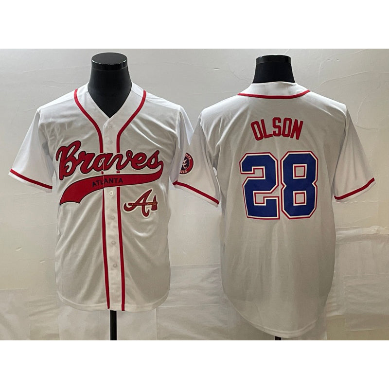 Atlanta Braves #28 Matt Olson White Puhics Cool Base With Patch Stitched Jersey