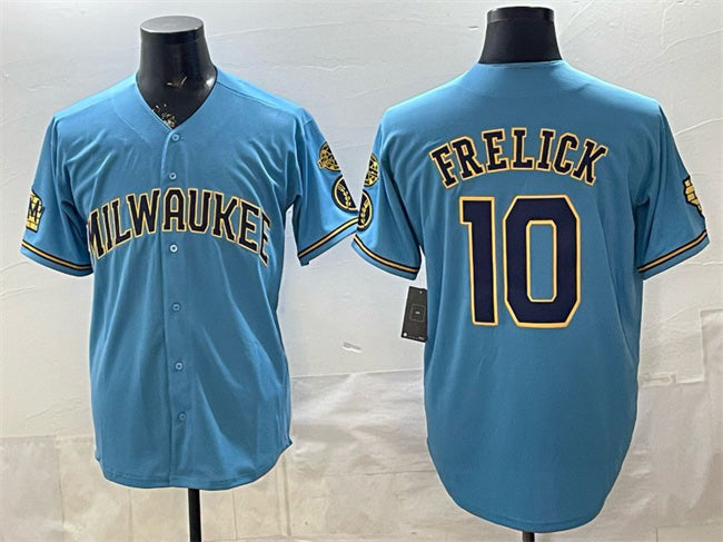 Milwaukee Brewers #10 Sal Frelick Blue Puhics With Home & Bob Uecker Patch Stitched Jersey